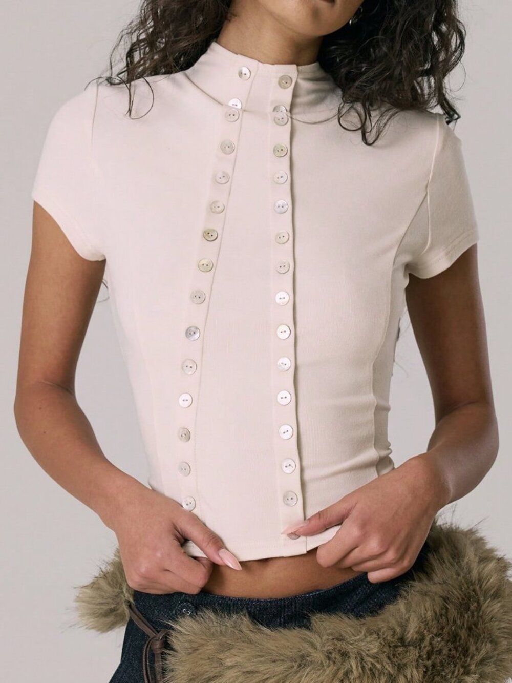 Cream Casual Women's Funnel Neck Asymmetric Double Button Fitted Top - Picture 1 of 4